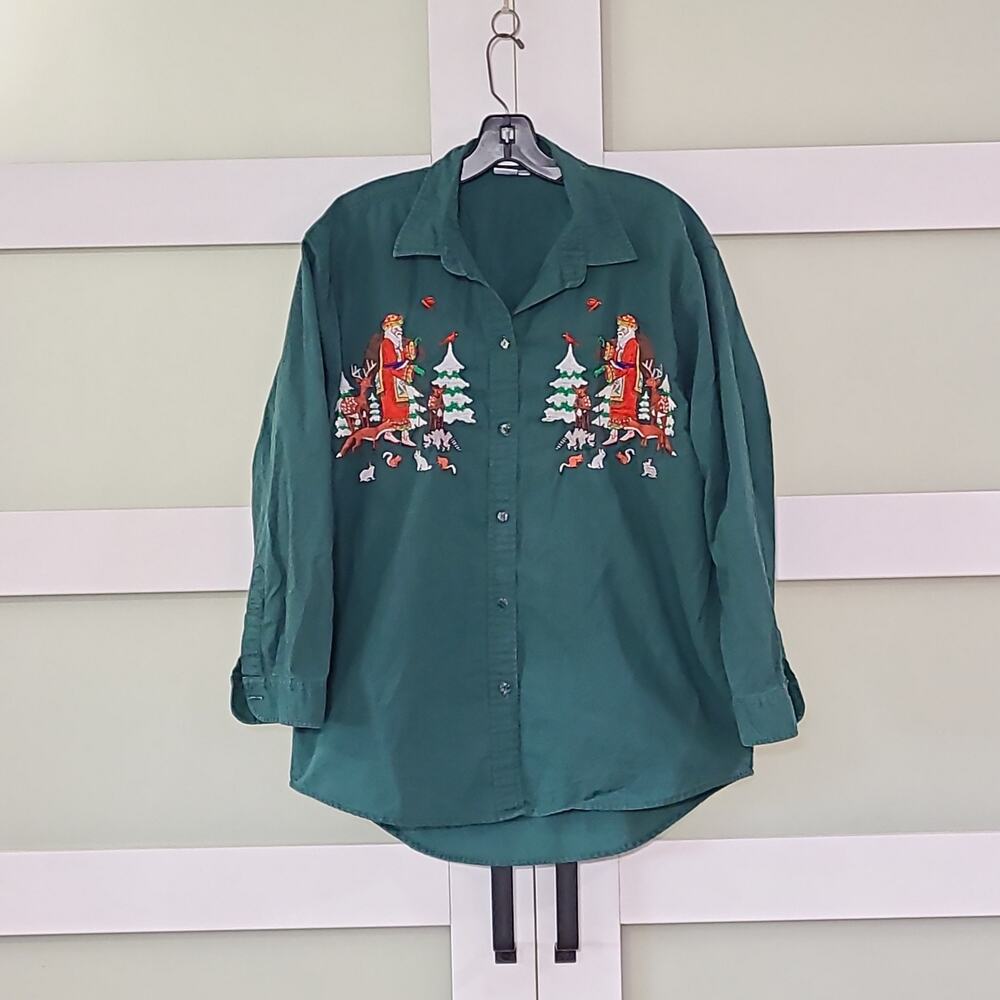 Casey Coleman Button Down Shirt Whimsical Santa Forest Friends 100% Cotton M/L